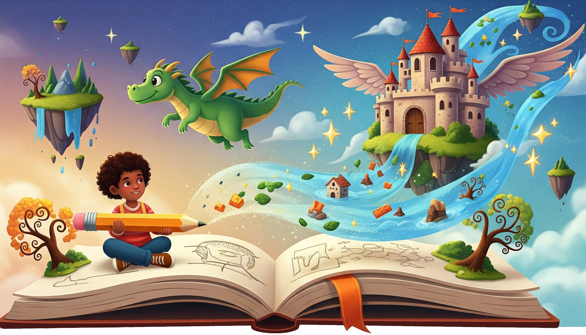 Une illustration fantastique d'un livre s'ouvrant sur un monde imaginaire.