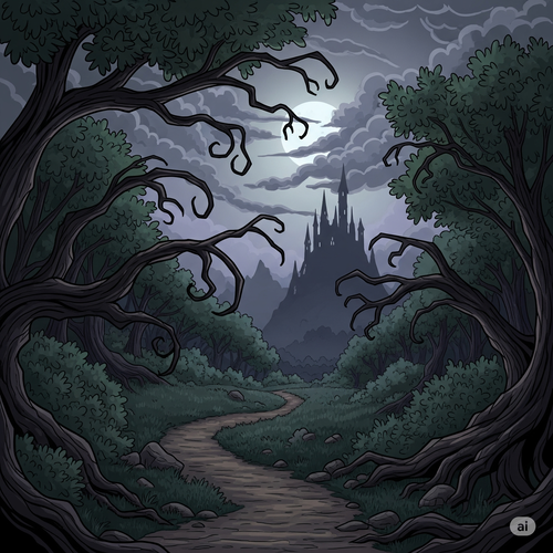 Château inquiétant au loin, sur un chemin sinueux dans une forêt sombre aux arbres noueux.