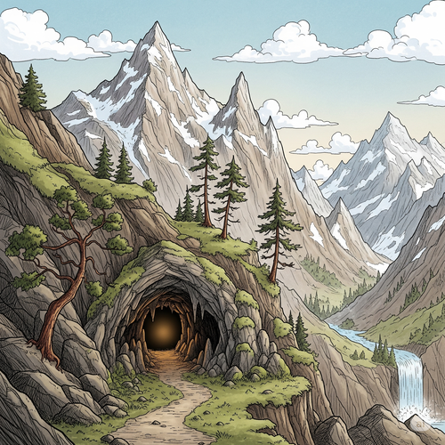 Grotte dans la montagne, avec un chemin qui mène à son entrée.