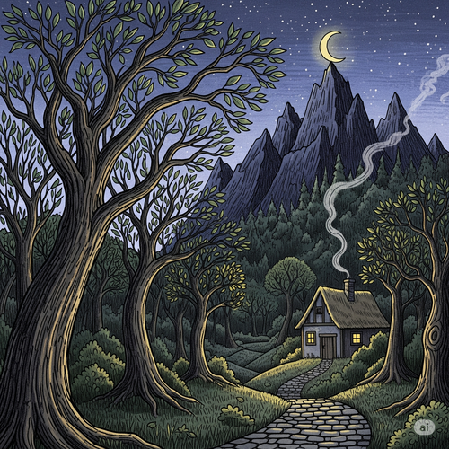 Illustration d'une chaumière de conte de fées au milieu d'une forêt sombre, sous une lune montante.