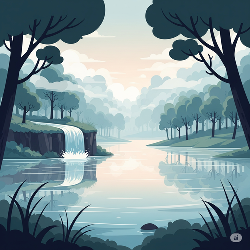 Scène de forêt et de lac paisible, avec une cascade et des arbres encadrant le paysage.