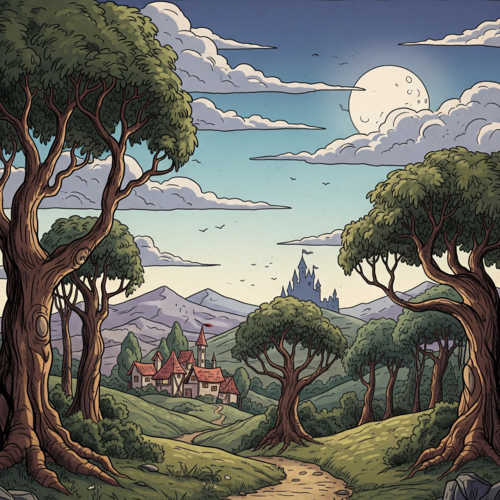 Illustration d'un village de conte de fées niché dans une vallée, avec un château au loin, sous un grand soleil ou une grande lune.