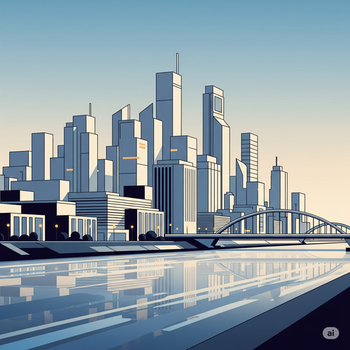 Ville moderne avec des gratte-ciels, un pont et une rivière qui reflète la ville.