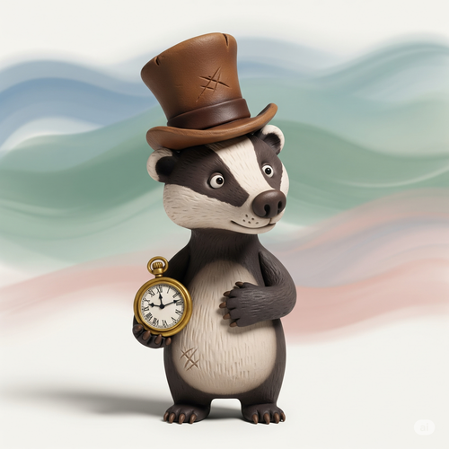 Blaireau avec un haut-de-forme et une montre à gousset, illustration en pâte à modeler.