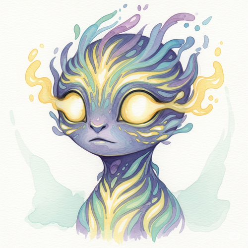 Créature imaginaire avec des motifs colorés et des yeux brillants, aquarelle.