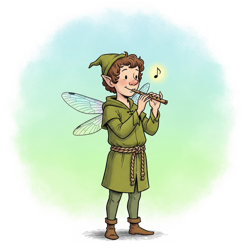 Petit garçon aux ailes de libellule jouant de la flûte, illustration colorée.