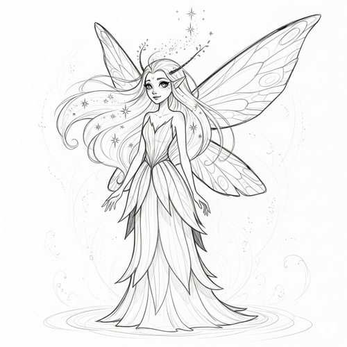 Jeune femme avec des ailes et une robe de feuilles, dessin au crayon noir et blanc.
