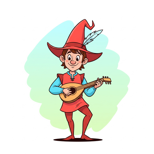 Petit personnage avec un chapeau pointu jouant du luth, illustration vectorielle.