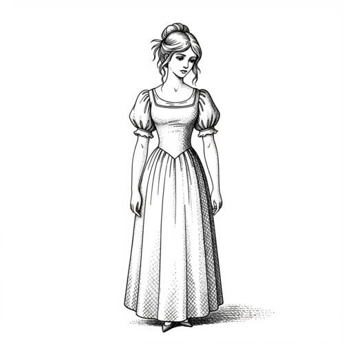 Jeune femme en robe de conte de fées, dessin crayon noir et blanc.