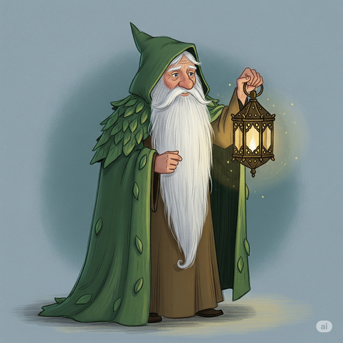 Vieux magicien à la longue barbe, vêtu d'une cape en feuilles, illustration colorée.