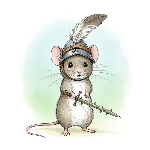 Souris en armure avec une épée, illustration colorée.